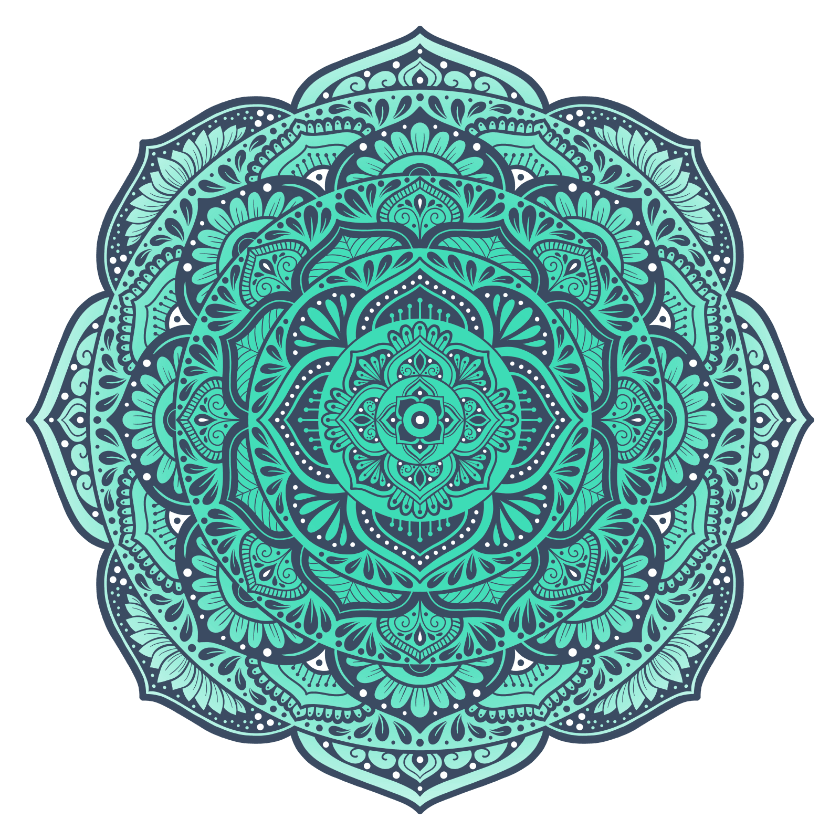 Emerald Bloom Mandala by Amy Cohas – digital mandala art with intricate symmetrical patterns, flowing curves, and detailed linework. Available as prints, stickers, and more.